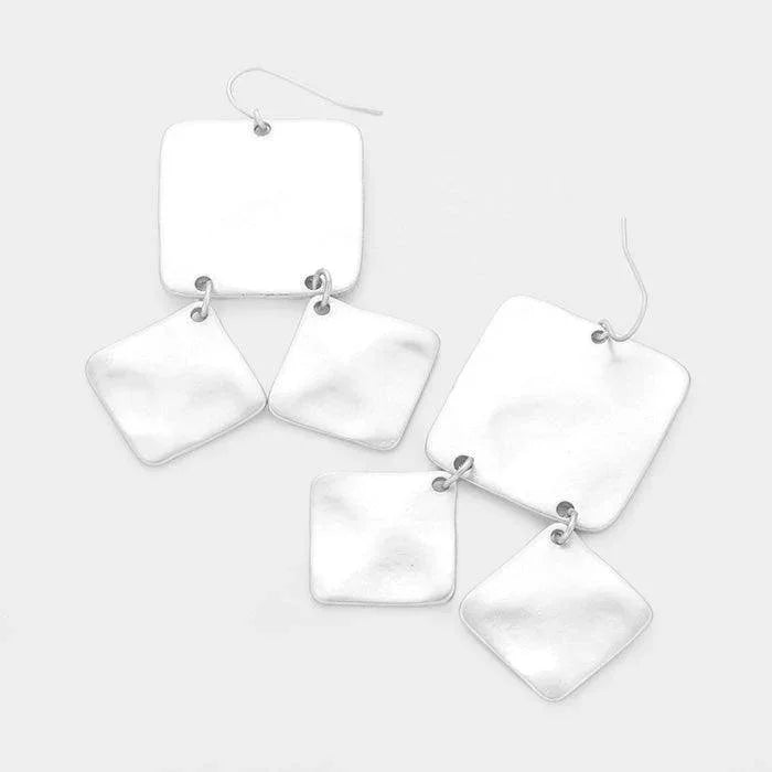 Silver Geometric Triple Metal Square Link Dangle Earrings - Jewelry Store by Erik Rayo