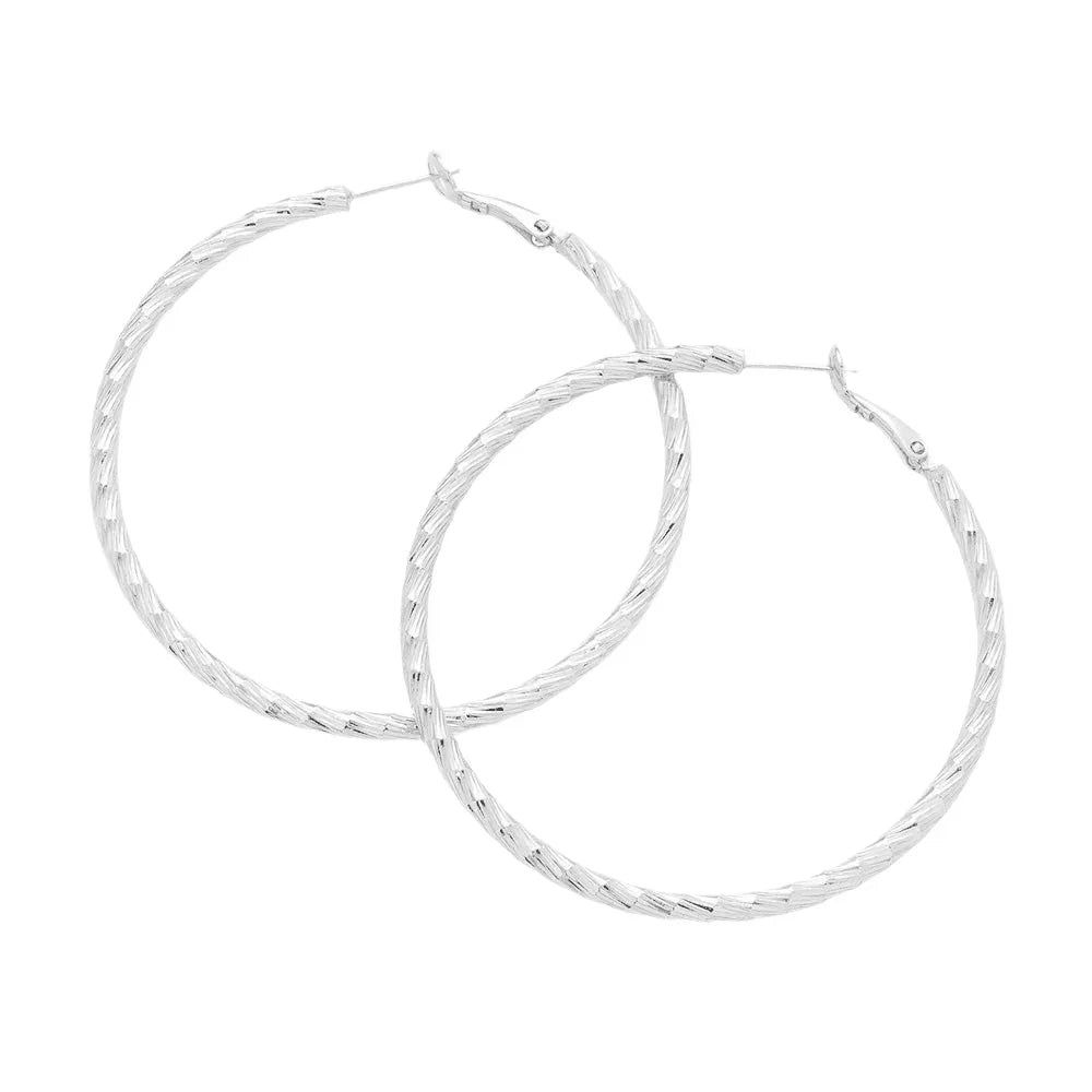Silver 2.3 Inch Textured Brass Metal Hoop Earrings - Jewelry Store by Erik Rayo