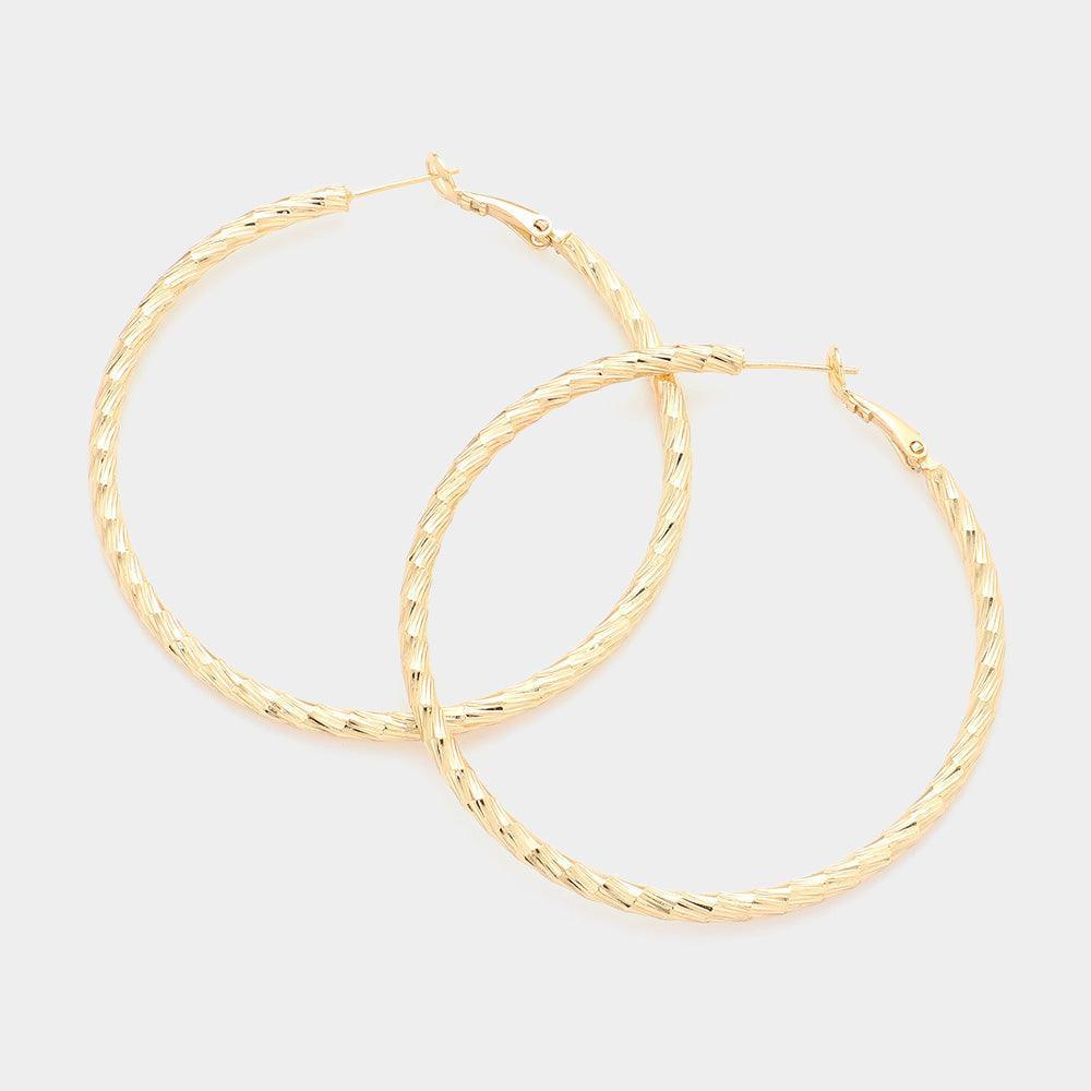 Gold 2.3 Inch Textured Brass Metal Hoop Earrings - Jewelry Store by Erik Rayo