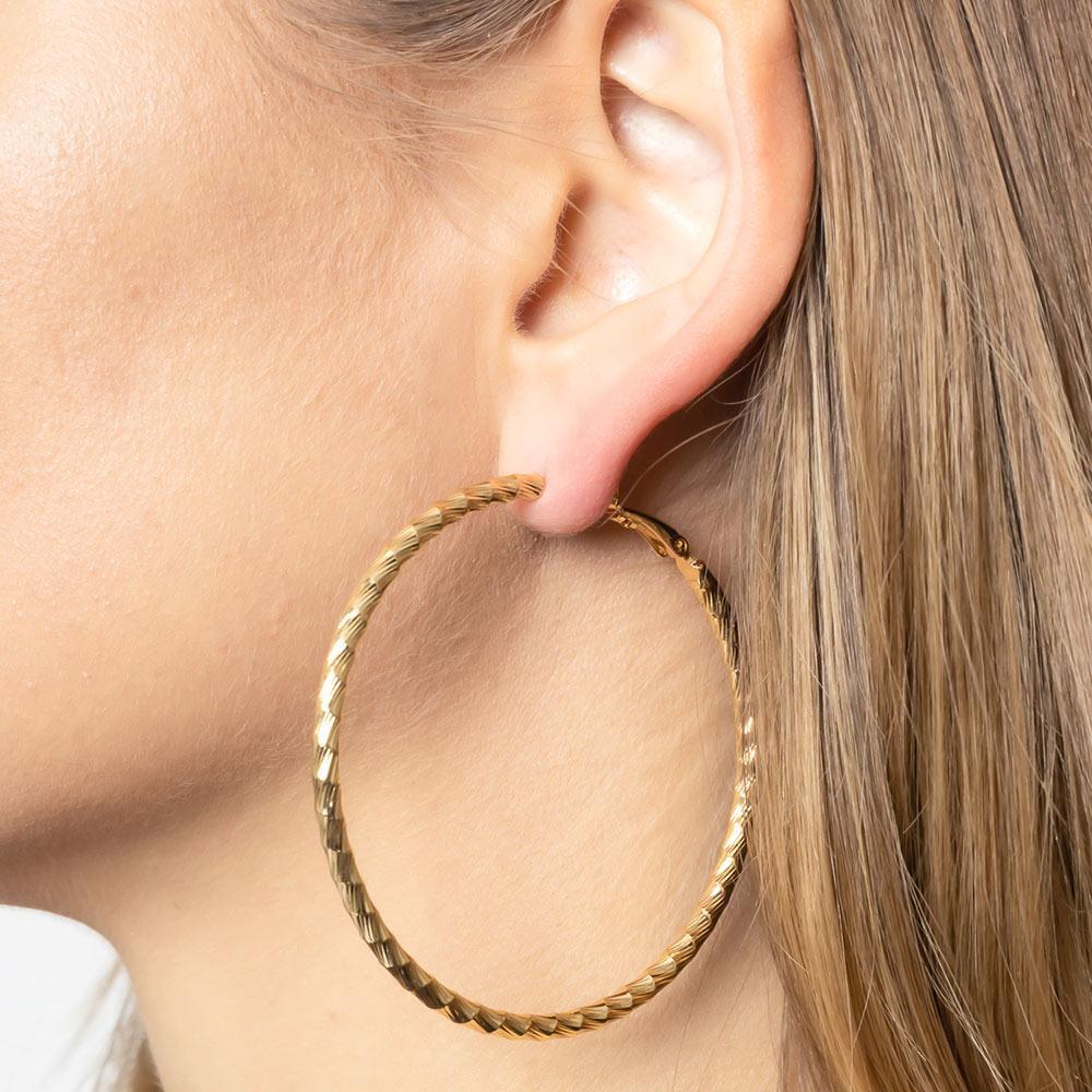 Gold 2.3 Inch Textured Brass Metal Hoop Earrings - Jewelry Store by Erik Rayo