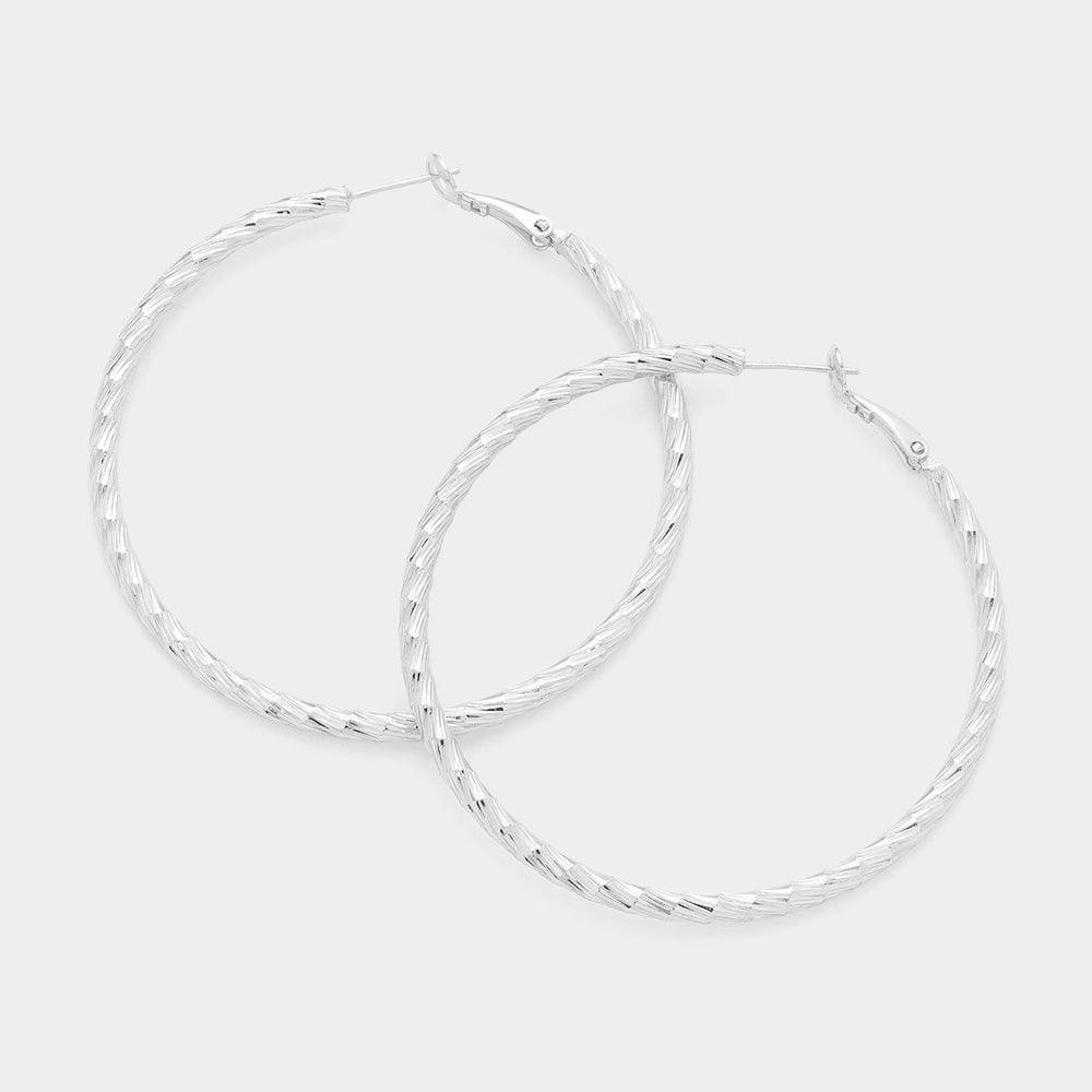 Silver 2.3 Inch Textured Brass Metal Hoop Earrings - Jewelry Store by Erik Rayo