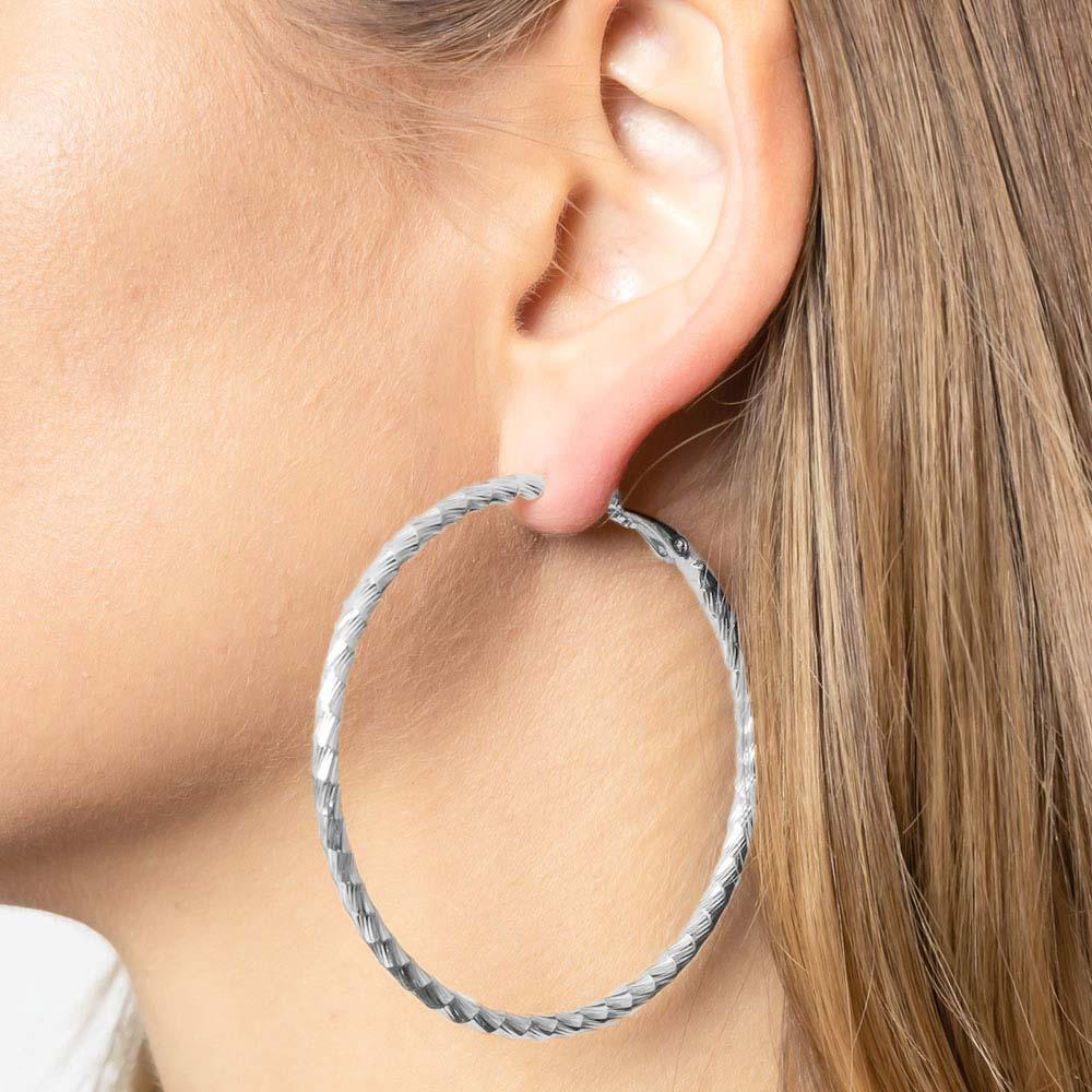 Silver 2.3 Inch Textured Brass Metal Hoop Earrings - Jewelry Store by Erik Rayo