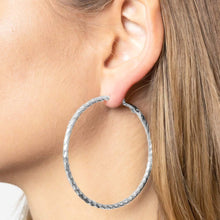 Load image into Gallery viewer, Silver 2.3 Inch Textured Brass Metal Hoop Earrings
