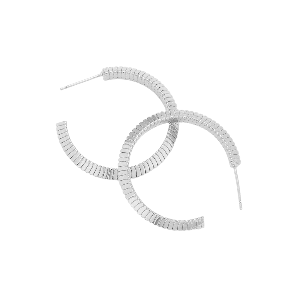 Silver 1.25 Inch Textured Brass Metal Hoop Earrings