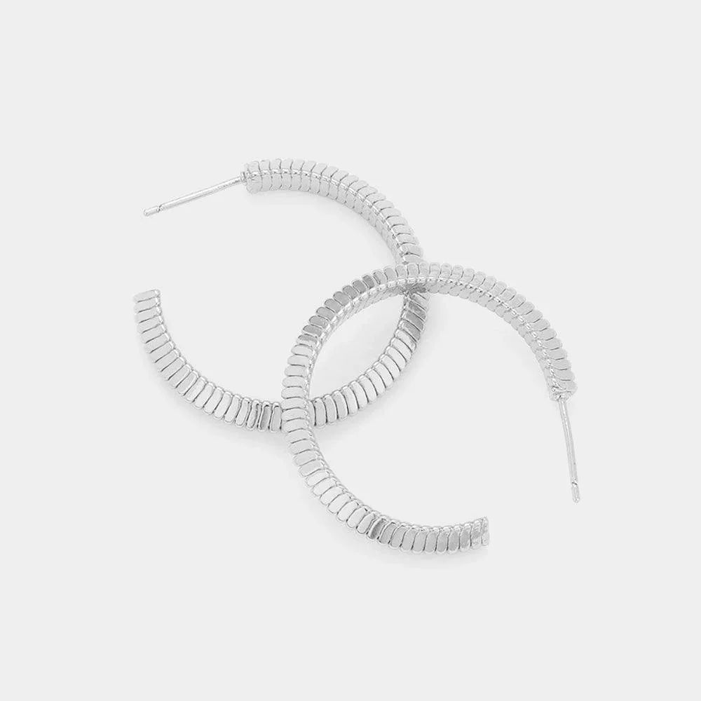 Silver 1.25 Inch Textured Brass Metal Hoop Earrings - Jewelry Store by Erik Rayo