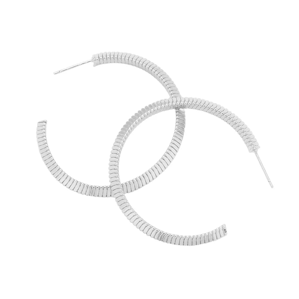 Silver 1.6 Inch Textured Brass Metal Hoop Earrings - Jewelry Store by Erik Rayo