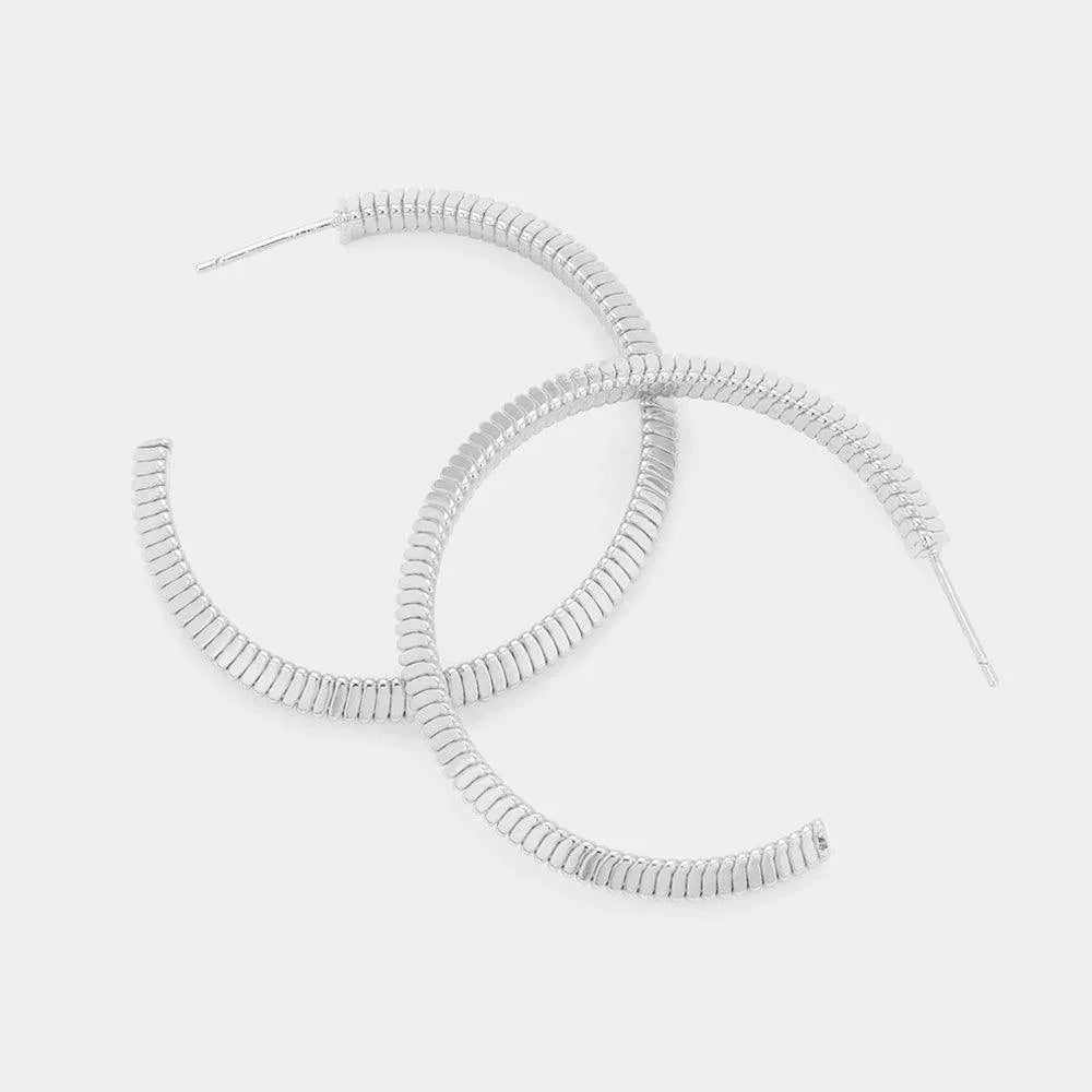 Silver 1.6 Inch Textured Brass Metal Hoop Earrings - Jewelry Store by Erik Rayo