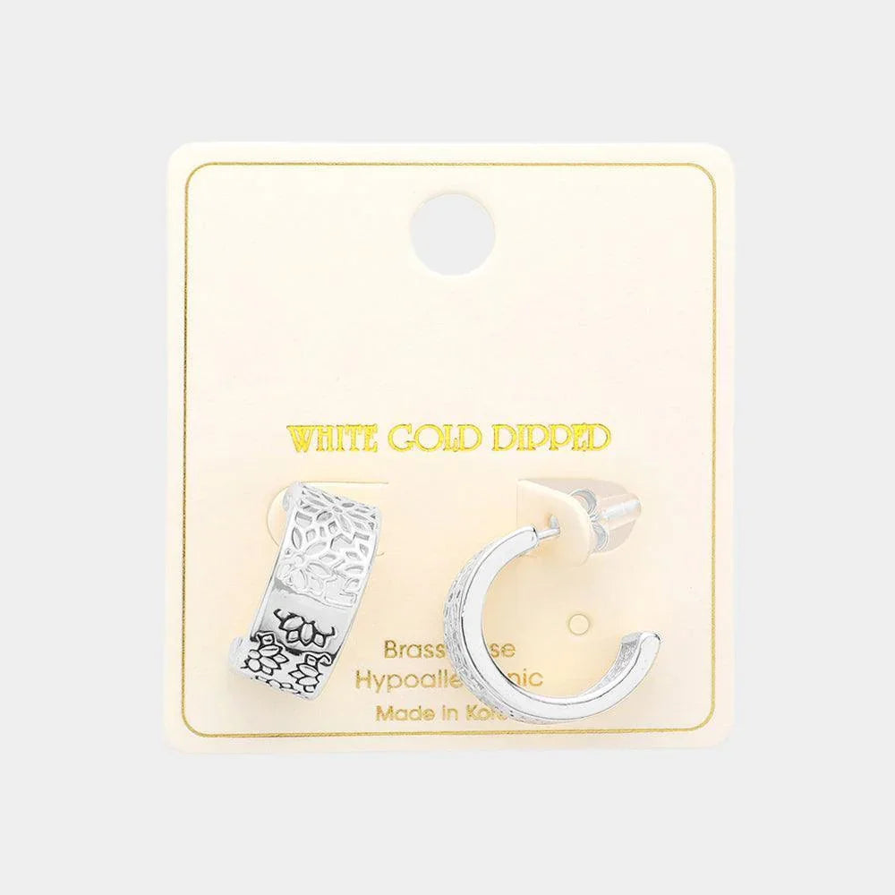 Silver White Gold Dipped Floral Filigree Brass Metal Hoop Earrings - Jewelry Store by Erik Rayo