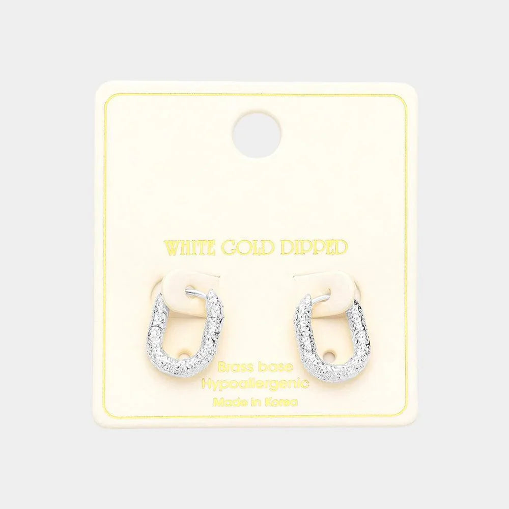 Silver White Gold Dipped 0.6 Inch Textured Brass Metal Oval Huggie Hoop Earrings - Jewelry Store by Erik Rayo