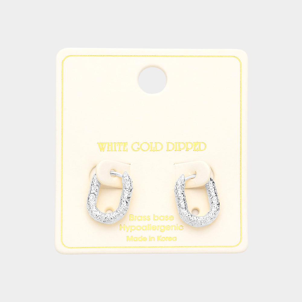 Silver White Gold Dipped 0.6 Inch Textured Brass Metal Oval Huggie Hoop Earrings