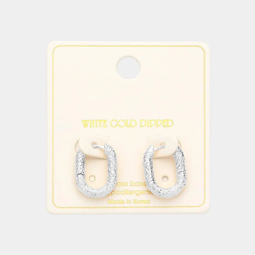 Silver White Gold Dipped 0.75 Inch Textured Brass Metal Oval Huggie Hoop Earrings - Jewelry Store by Erik Rayo