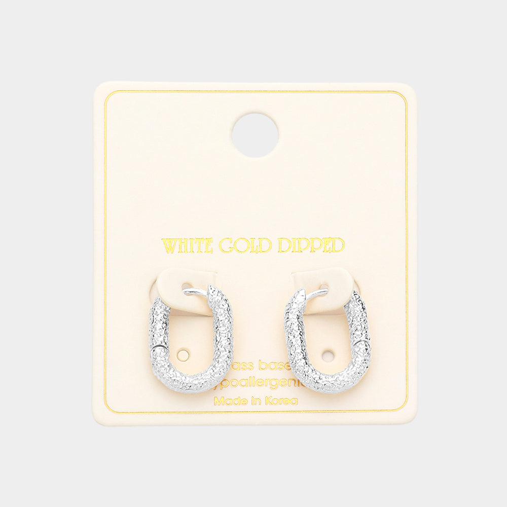 Silver White Gold Dipped 0.75 Inch Textured Brass Metal Oval Huggie Hoop Earrings