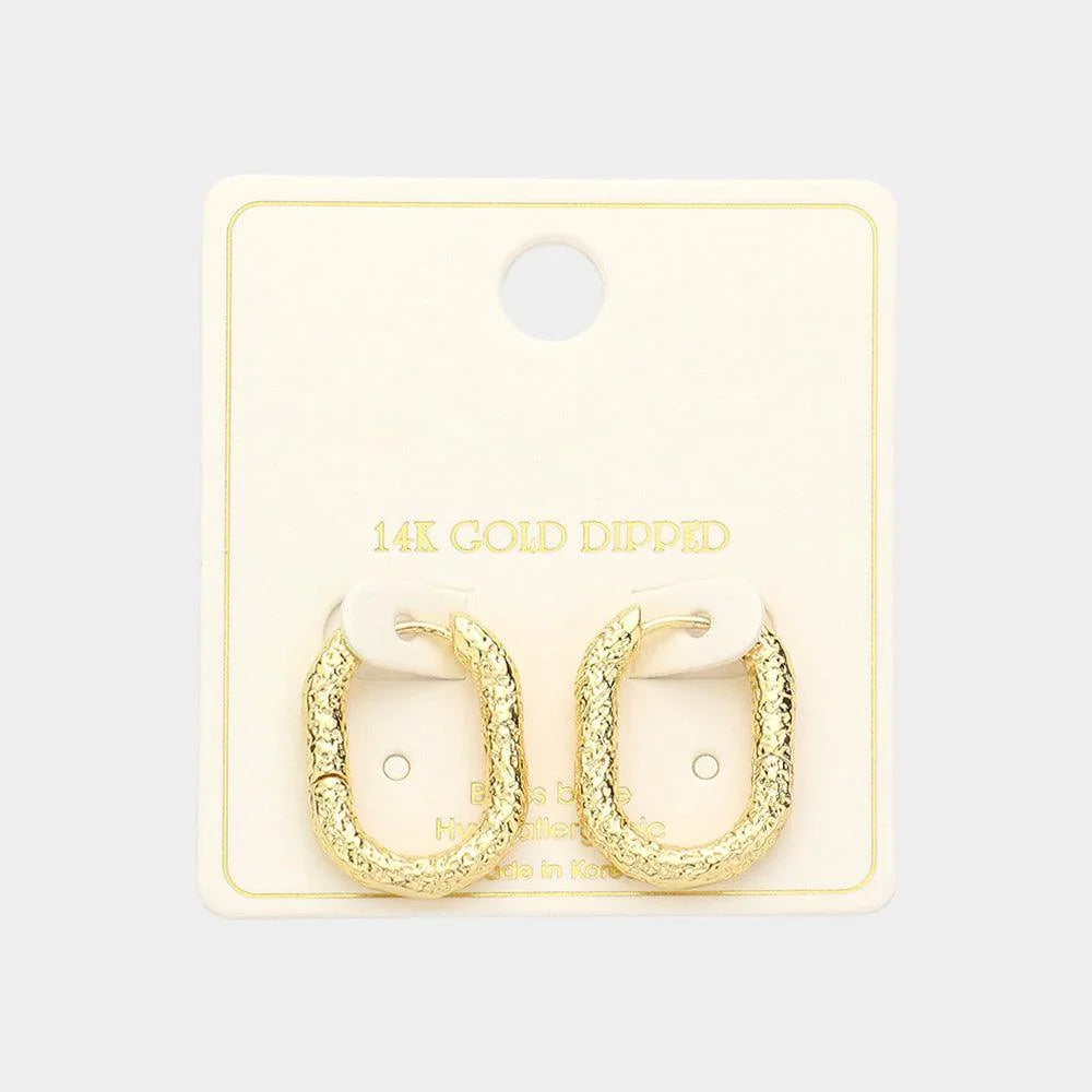 Gold 14K Gold Dipped 0.8 Inch Textured Brass Metal Oval Huggie Hoop Earrings - Jewelry Store by Erik Rayo