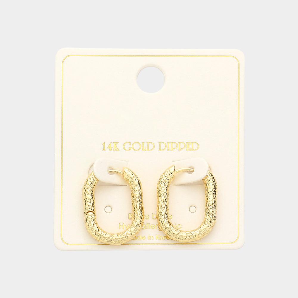 Gold 14K Gold Dipped 0.8 Inch Textured Brass Metal Oval Huggie Hoop Earrings