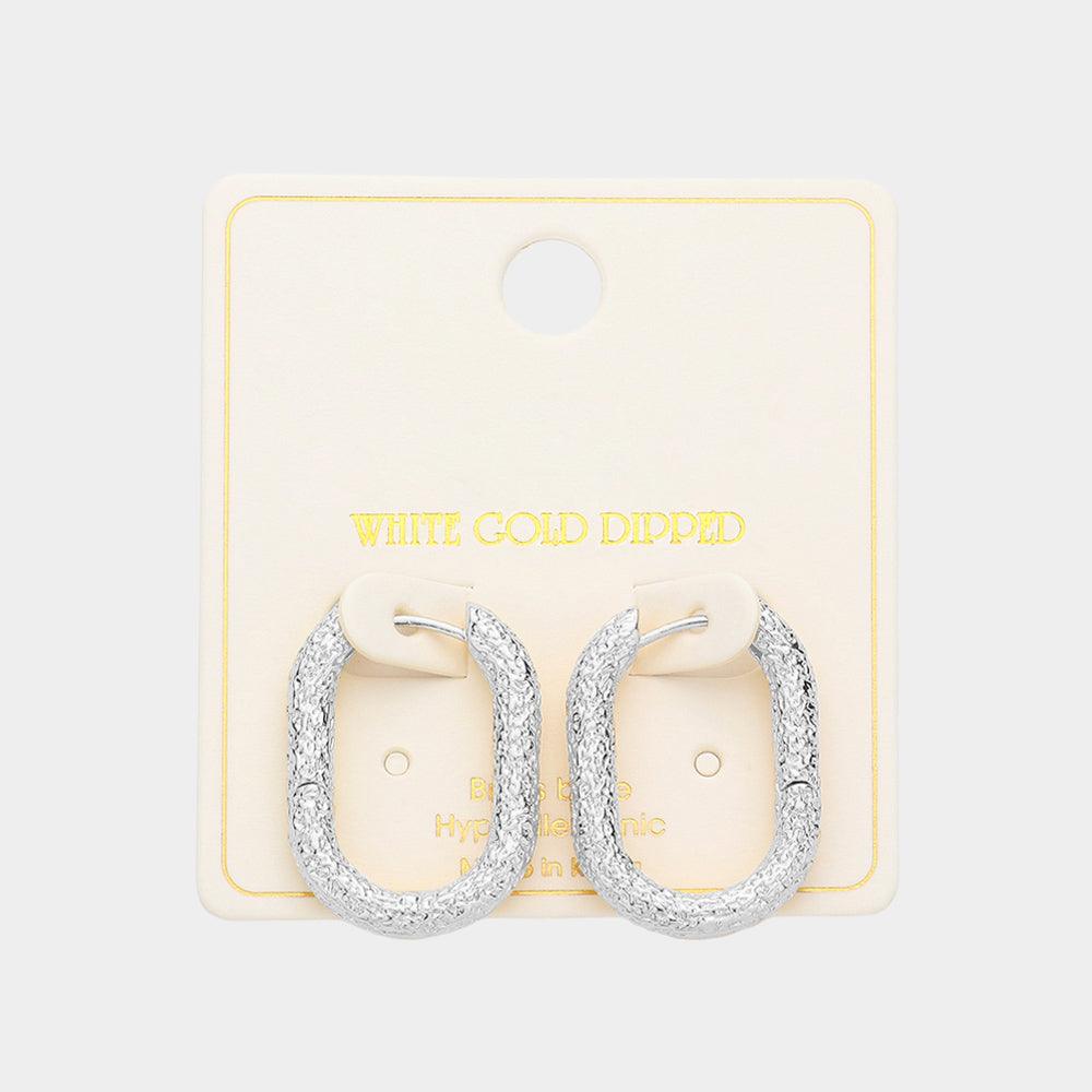 Silver White Gold Dipped 1 Inch Textured Brass Metal Oval Huggie Hoop Earrings