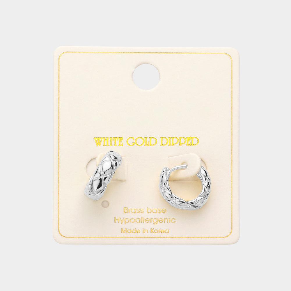 Silver White Gold Dipped Brass Metal Patterned Huggie Hoop Earrings