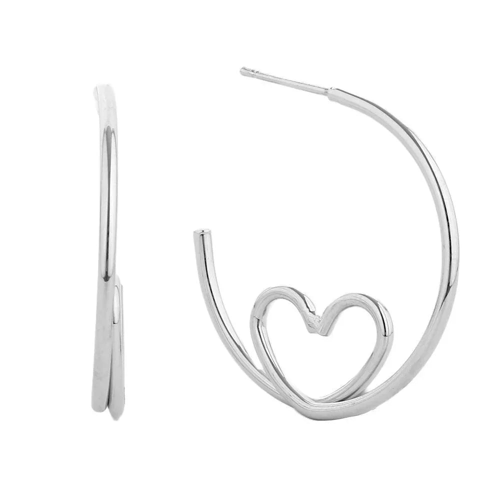 Silver White Gold Dipped Heart Accented Hoop Earrings - Jewelry Store by Erik Rayo