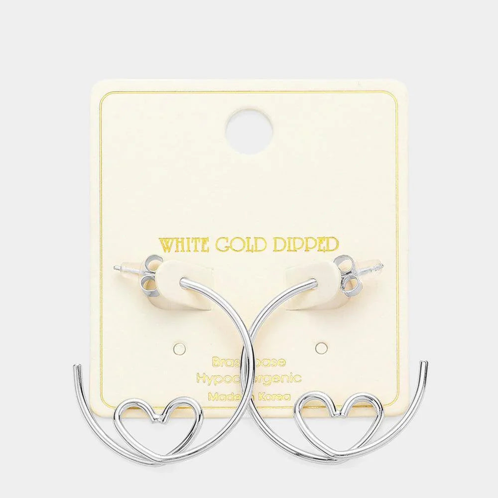 Silver White Gold Dipped Heart Accented Hoop Earrings - Jewelry Store by Erik Rayo