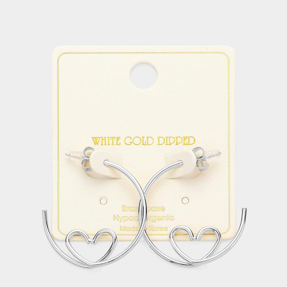 Silver White Gold Dipped Heart Accented Hoop Earrings