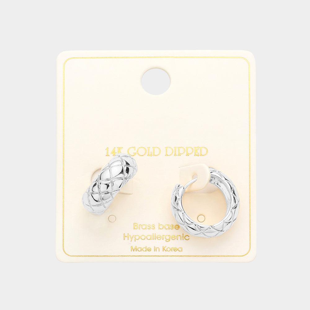 Silver White Gold Dipped Brass Metal Patterned Huggie Hoop Earrings