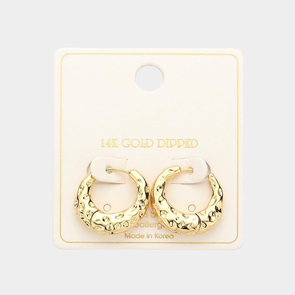 Gold 14K Gold Dipped Brass Metal Textured Huggie Hoop Earrings