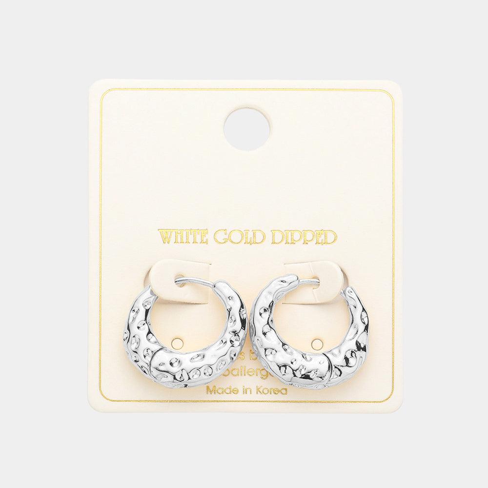 Silver White Gold Dipped Brass Metal Textured Huggie Hoop Earrings