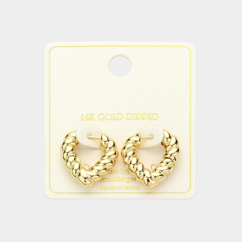 Gold 14K Gold Dipped Twisted Heart Huggie Earrings