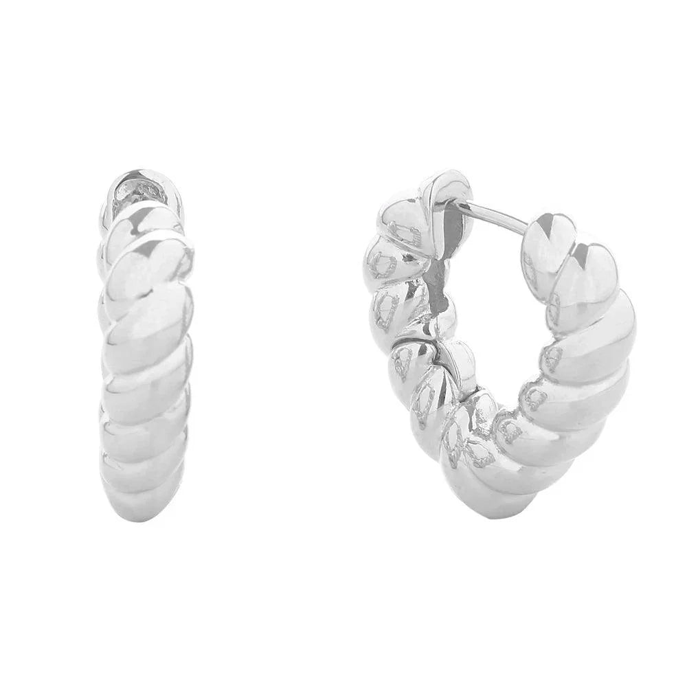 Silver White Gold Dipped Twisted Heart Huggie Earrings - Jewelry Store by Erik Rayo