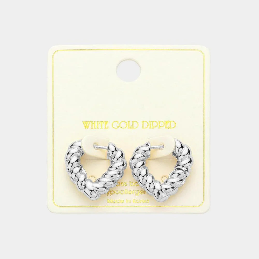 Silver White Gold Dipped Twisted Heart Huggie Earrings - Jewelry Store by Erik Rayo