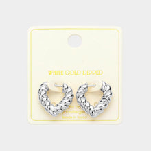 Load image into Gallery viewer, Silver White Gold Dipped Twisted Heart Huggie Earrings
