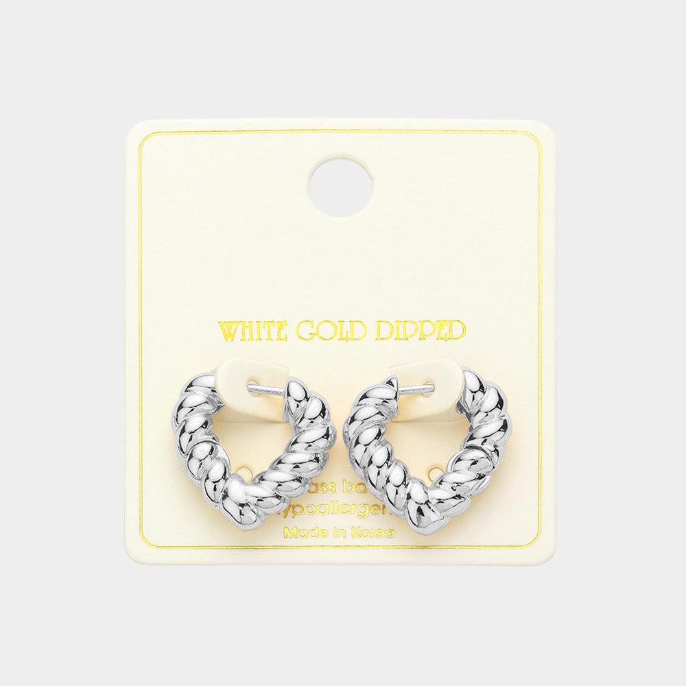 Silver White Gold Dipped Twisted Heart Huggie Earrings