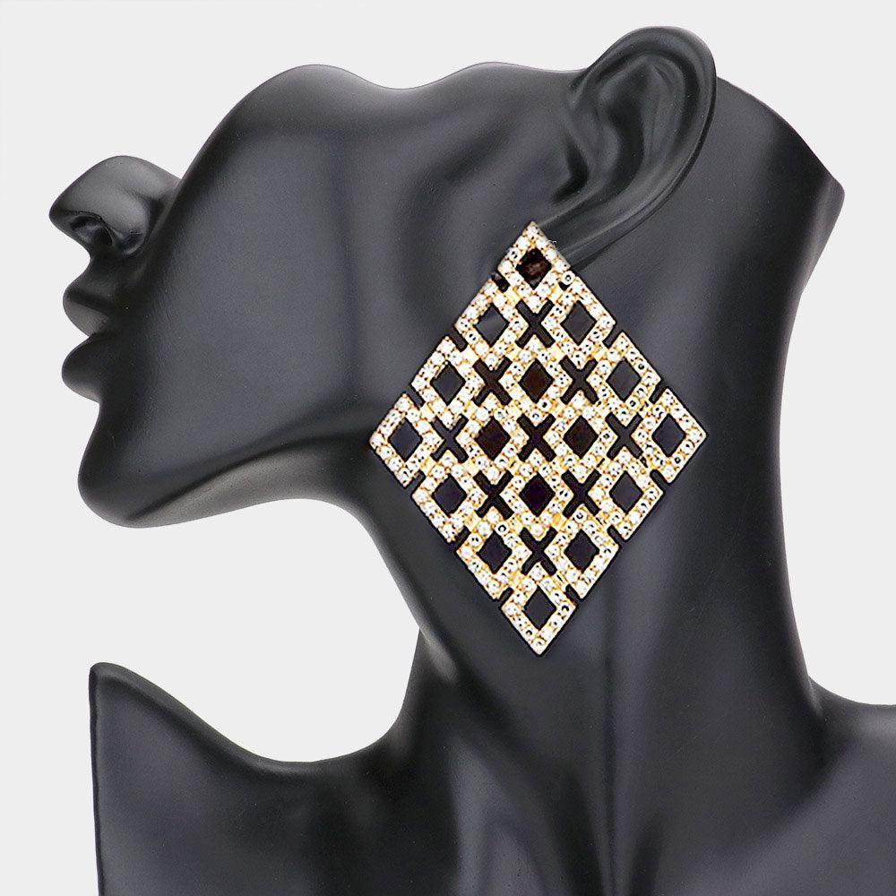 Gold Rhinestone Embellished Diamond Shaped Metal Hoop Earrings - Jewelry Store by Erik Rayo