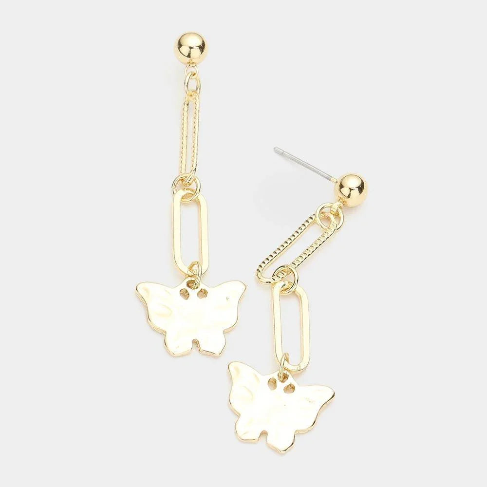 Gold Hammered Metal Butterfly Drop Dangle Earrings - Jewelry Store by Erik Rayo