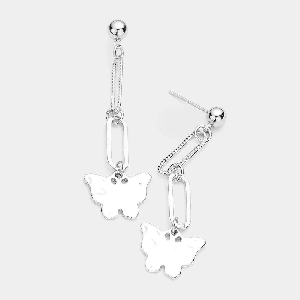 Hammered Metal Butterfly Drop Dangle Earrings - Jewelry Store by Erik Rayo