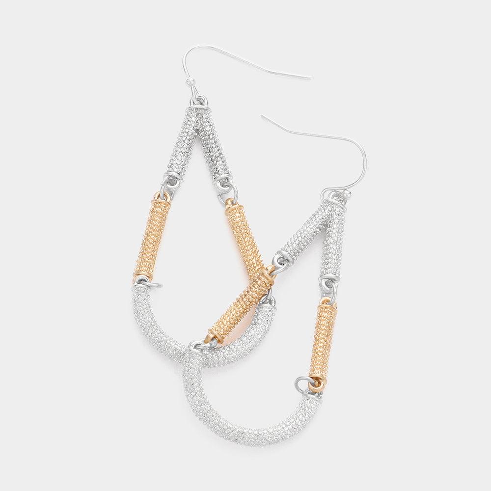 Two Tone Textured Metal Link Open Teardrop Dangle Earrings