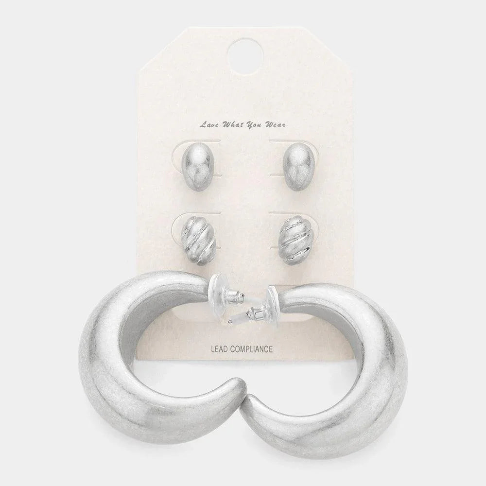 Silver 3Pairs - Metal Oval Hoop Earrings - Jewelry Store by Erik Rayo