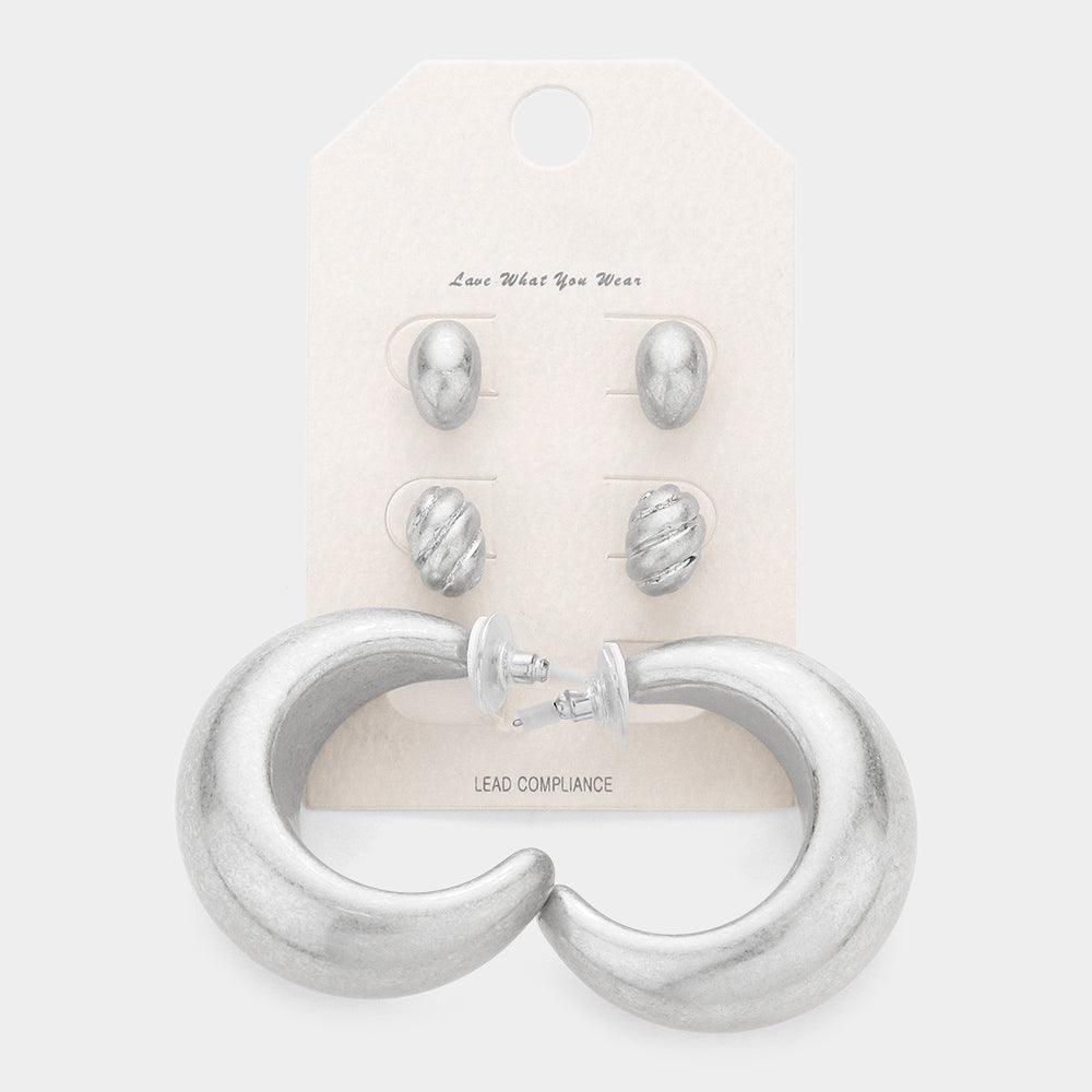 Silver 3Pairs - Metal Oval Hoop Earrings