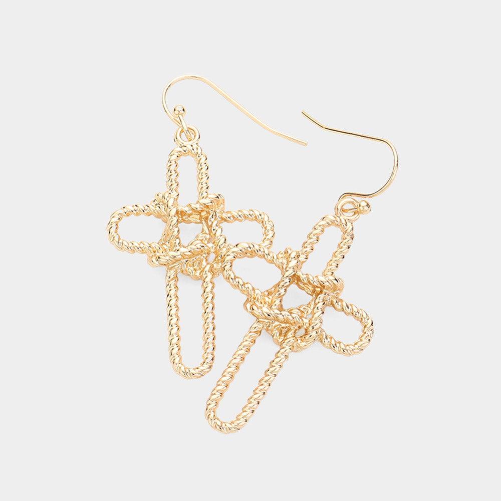 Gold Metal Wire Cross Dangle Earrings