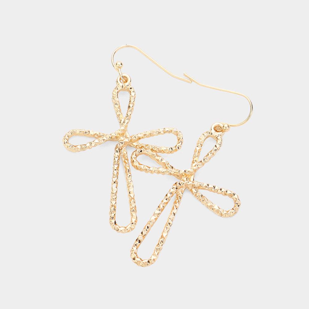 Gold Textured Metal Wire Cross Dangle Earrings
