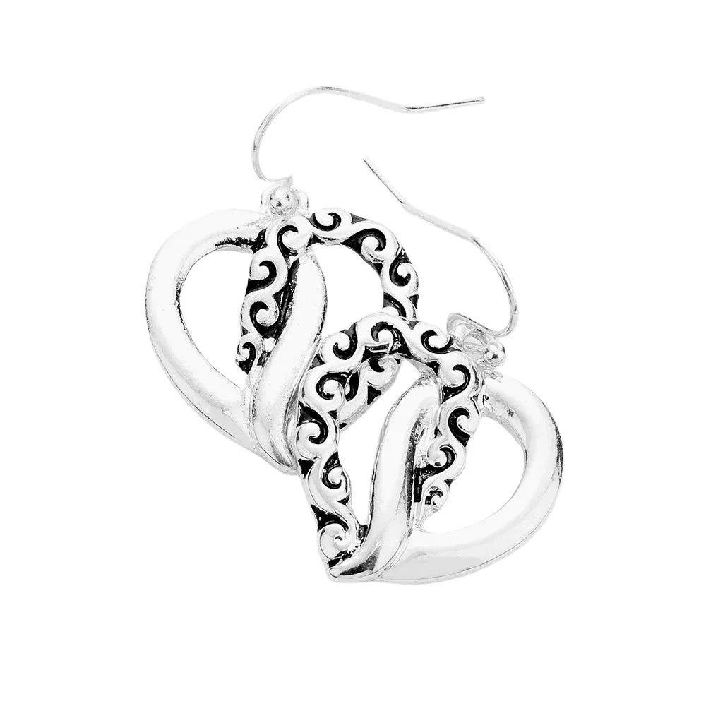 Silver Embossed Pattern Antique Metal Knotted Heart Earrings - Jewelry Store by Erik Rayo