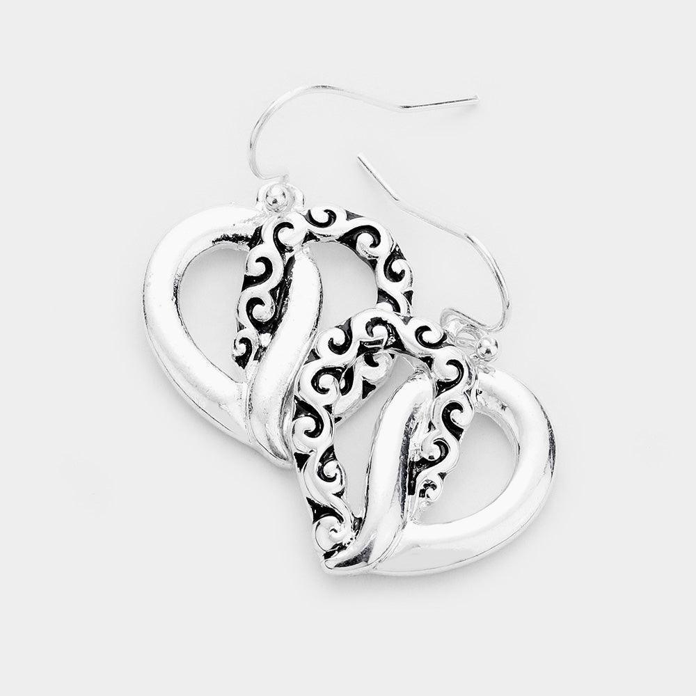 Silver Embossed Pattern Antique Metal Knotted Heart Earrings - Jewelry Store by Erik Rayo