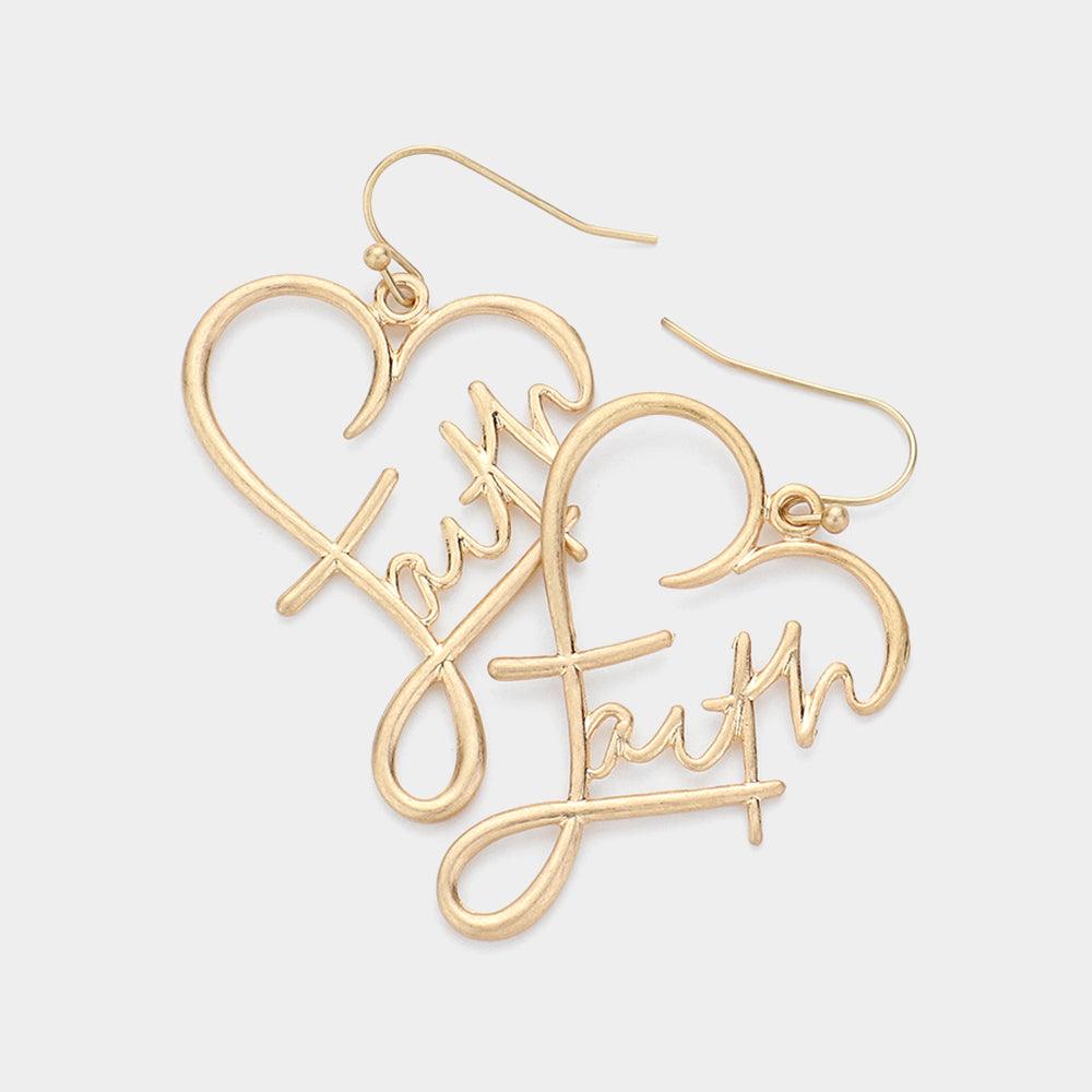 Gold Faith Message Wire Heart Dangle Earrings