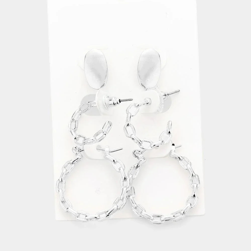 3Pairs - Metal Oval Chain Hoop Earrings - Jewelry Store by Erik Rayo