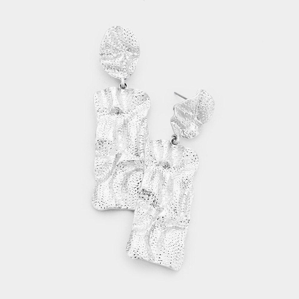 Silver Crumbled Rectangle Metal Post Earrings - Jewelry Store by Erik Rayo