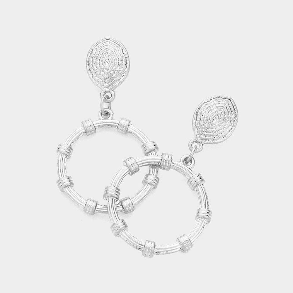 Silver Textured Metal Abstract Open Circle Dangle Earrings