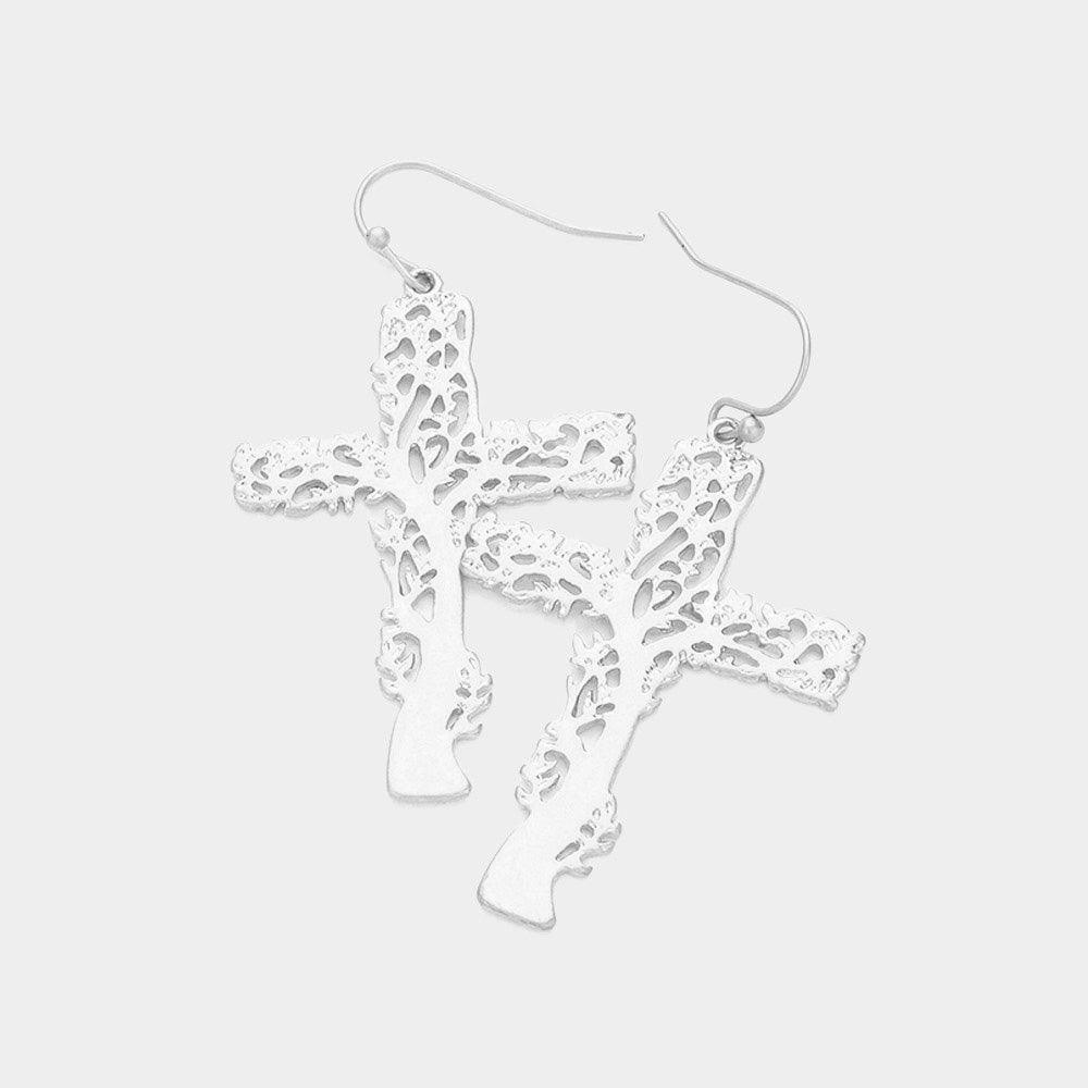 Silver Metal Cross Tree Filigree Dangle Earrings