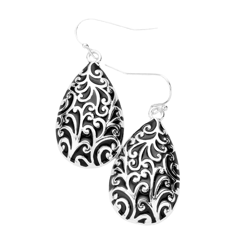 Silver Antique Pattern Metal Teardrop Dangle Earrings - Jewelry Store by Erik Rayo