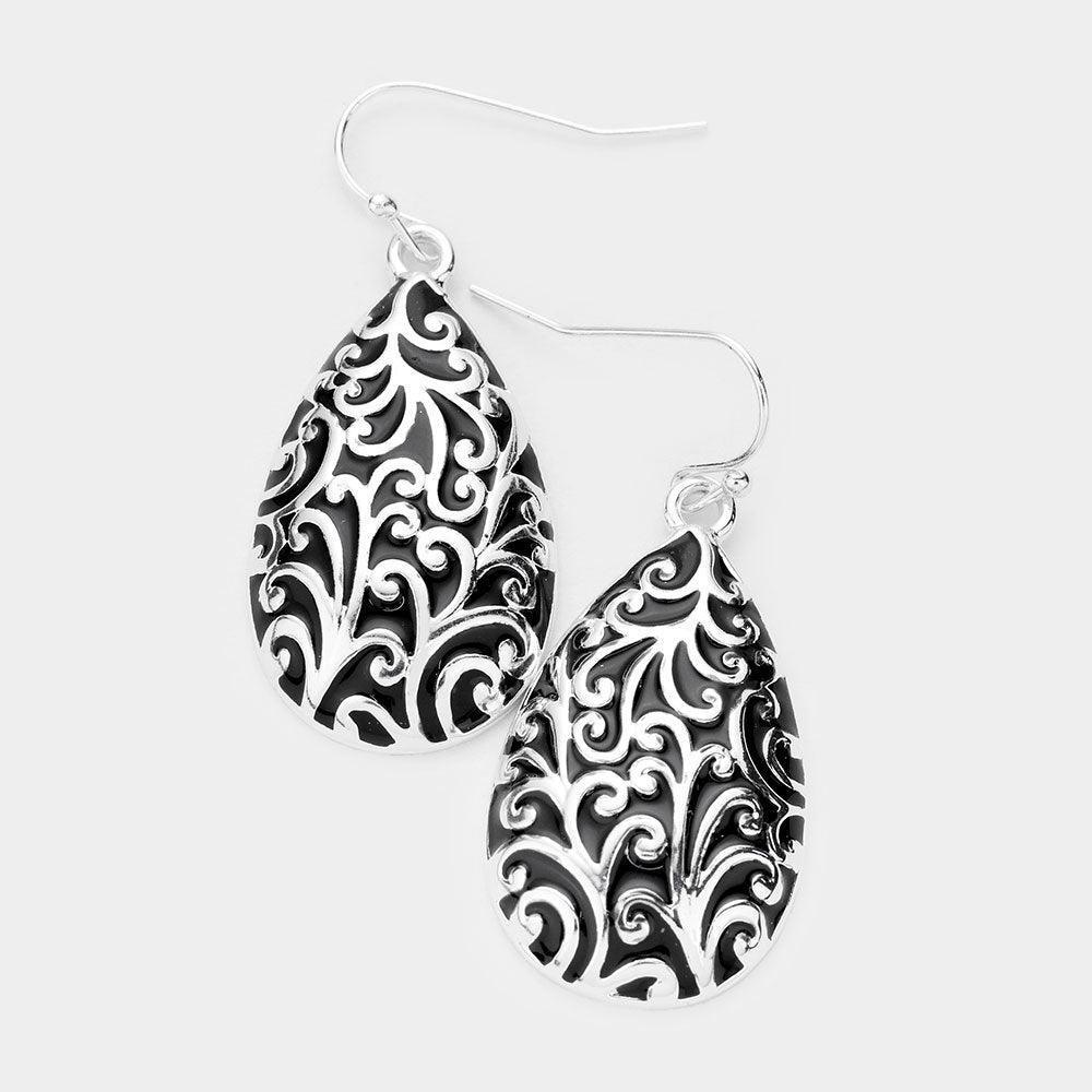 Silver Antique Pattern Metal Teardrop Dangle Earrings - Jewelry Store by Erik Rayo