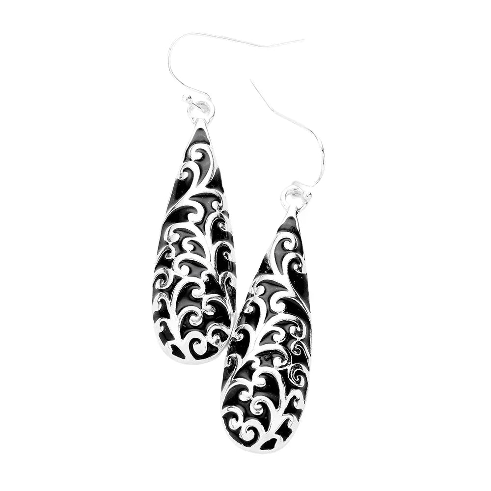 Silver Antique Pattern Metal Teardrop Dangle Earrings - Jewelry Store by Erik Rayo