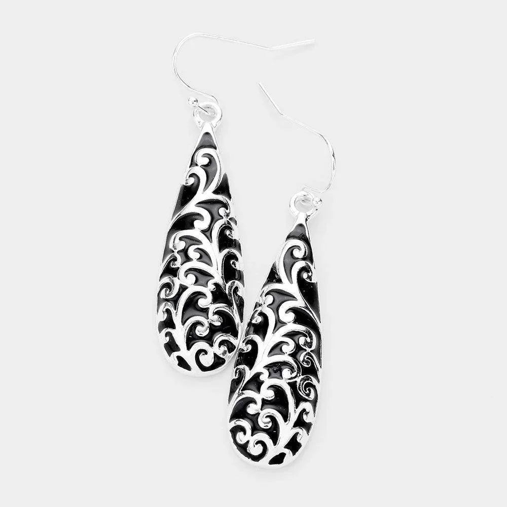 Silver Antique Pattern Metal Teardrop Dangle Earrings - Jewelry Store by Erik Rayo